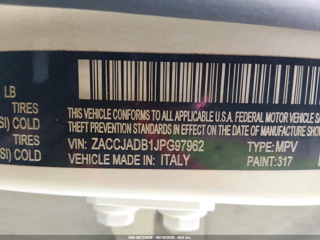 2018 Jeep Renegade Limited Fwd მანქანა იყიდება აუქციონზე, vin: ZACCJADB1JPG97962, აუქციონის ნომერი: 46123458
