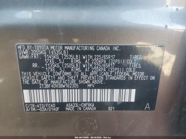 2011 Toyota Rav4 მანქანა იყიდება აუქციონზე, vin: 2T3BF4DV3BW162305, აუქციონის ნომერი: 46123465