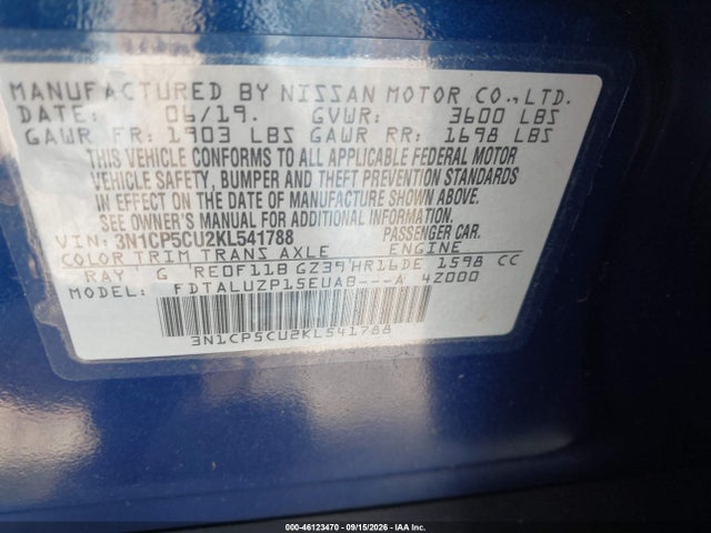 2019 Nissan Kicks Sr მანქანა იყიდება აუქციონზე, vin: 3N1CP5CU2KL541788, აუქციონის ნომერი: 46123470