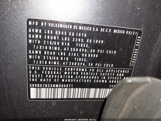 2022 Volkswagen Taos 1.5t Se მანქანა იყიდება აუქციონზე, vin: 3VVRX7B2XNM009871, აუქციონის ნომერი: 46123471