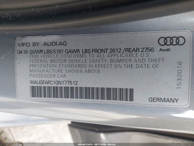 2016 Audi A6 2.0t Premium Plus მანქანა იყიდება აუქციონზე, vin: WAUGFAFC1GN177512, აუქციონის ნომერი: 46123474