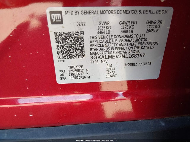 46123478 :رقم المزاد ، 3GKALMEV7NL168157 vin ، 2022 Gmc Terrain Fwd Sle مزاد بيع
