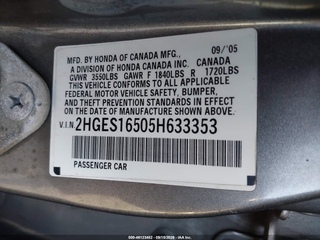 Aukcja sprzedaży 2005 Honda Civic Lx, vin: 2HGES16505H633353, numer aukcji: 46123482