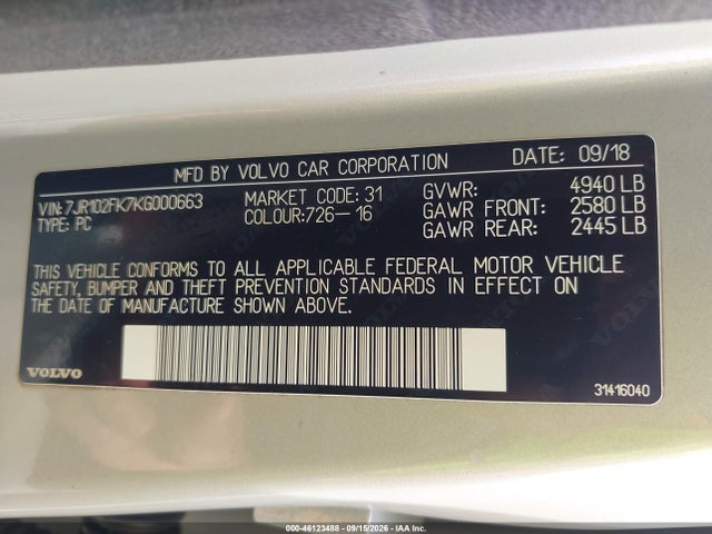 Aukcja sprzedaży 2019 Volvo S60 T5 Momentum, vin: 7JR102FK7KG000663, numer aukcji: 46123488