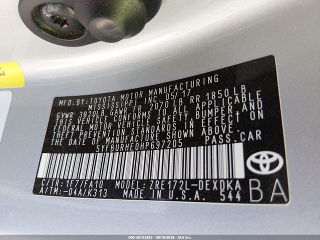 Auction sale of the 2017 Toyota Corolla L, vin: 5YFBURHE0HP697205, lot number: 46123493