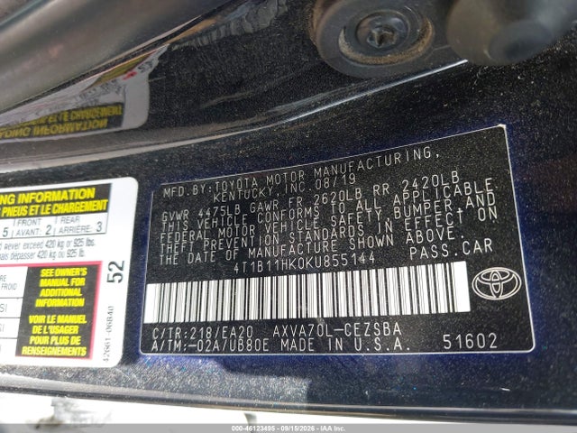 Aukcja sprzedaży 2019 Toyota Camry Se, vin: 4T1B11HK0KU855144, numer aukcji: 46123495