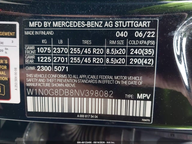 2022 Mercedes-benz Glc 300 Suv მანქანა იყიდება აუქციონზე, vin: W1N0G8DB8NV398082, აუქციონის ნომერი: 46123498
