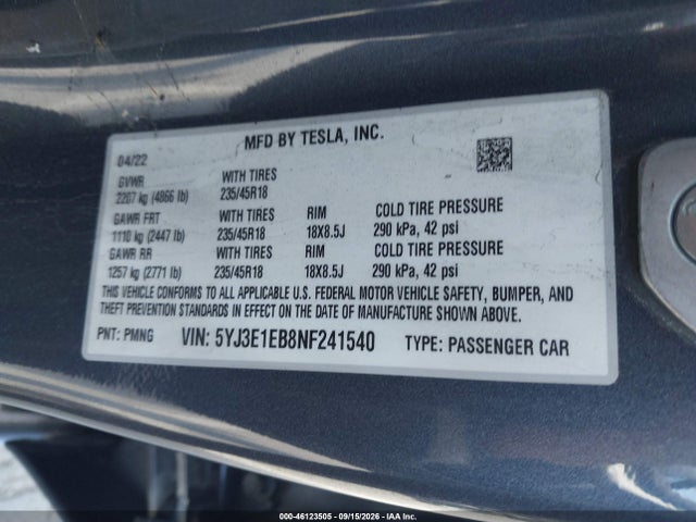 46123505 :رقم المزاد ، 5YJ3E1EB8NF241540 vin ، 2022 Tesla Model 3 Long Range Dual Motor All-wheel Drive مزاد بيع