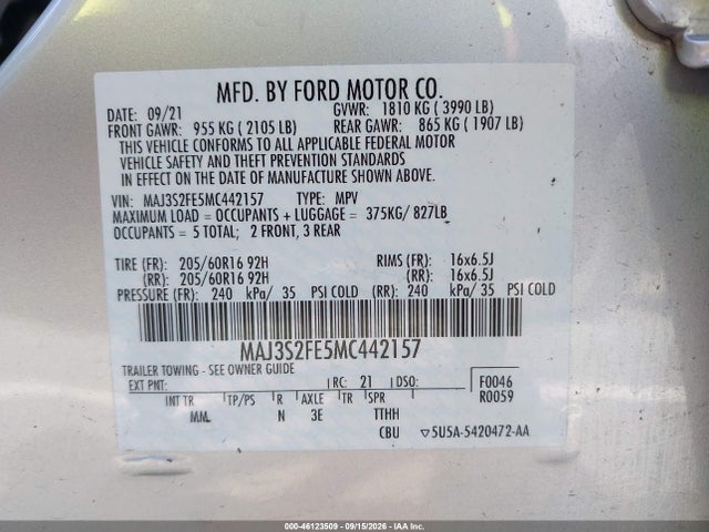 Продажа на аукционе авто 2021 Ford Ecosport S, vin: MAJ3S2FE5MC442157, номер лота: 46123509
