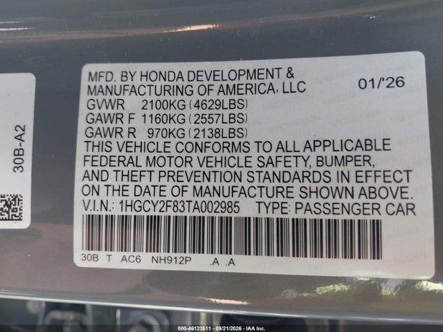 Продаж на аукціоні авто 2026 Honda Accord Hybrid Touring, vin: 1HGCY2F83TA002985, номер лоту: 46123511