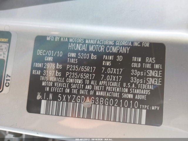 Продажа на аукционе авто 2011 Hyundai Santa Fe Gls V6, vin: 5XYZGDAG3BG021010, номер лота: 46123512