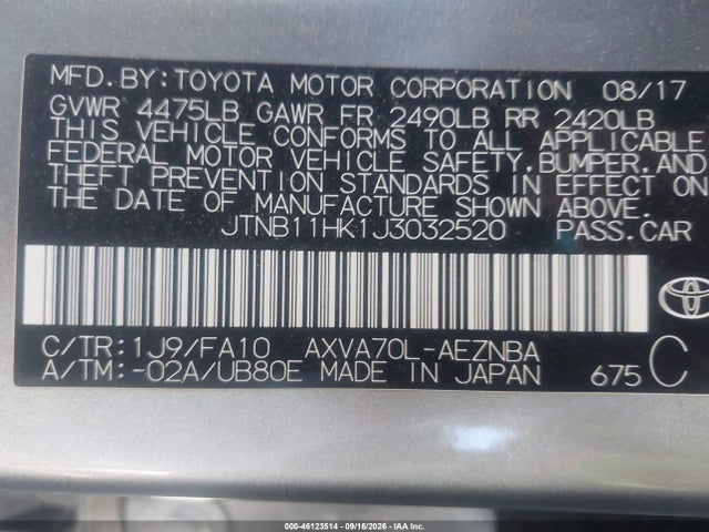 JTNB11HK1J3032520 Toyota CAMRY LE