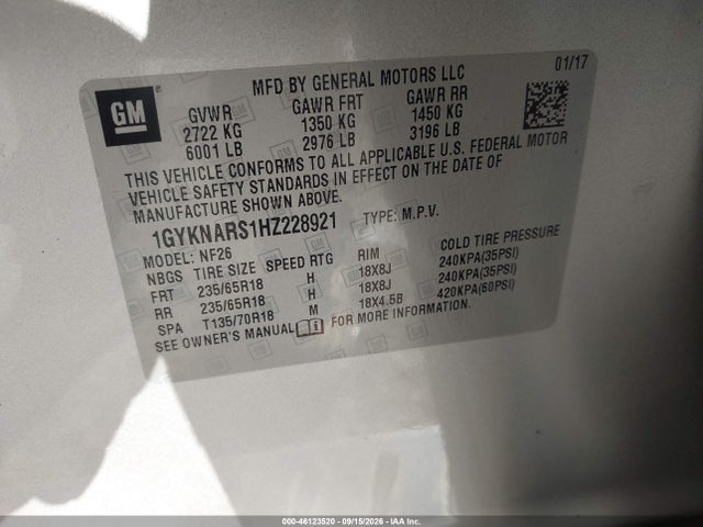 46123520 :رقم المزاد ، 1GYKNARS1HZ228921 vin ، 2017 Cadillac Xt5 Standard مزاد بيع