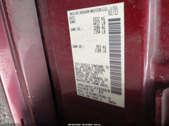 Aukcja sprzedaży 2012 Nissan Altima 3.5 Sr, vin: 1N4BL2AP2CC226069, numer aukcji: 46123529