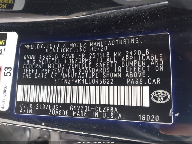 46123532 :رقم المزاد ، 4T1NZ1AK1LU045622 vin ، 2020 Toyota Camry Trd مزاد بيع