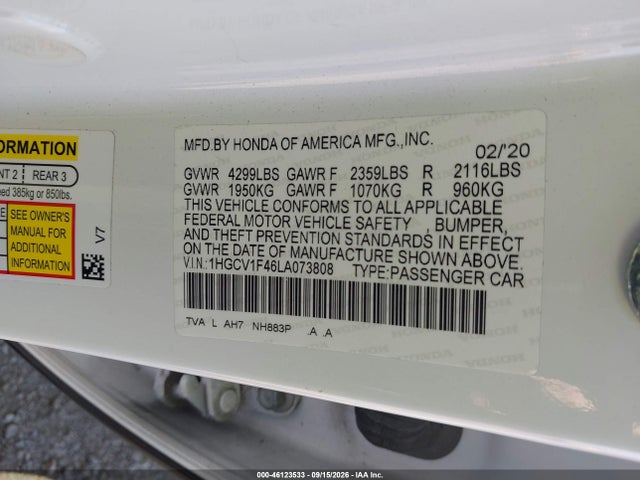 46123533 :رقم المزاد ، 1HGCV1F46LA073808 vin ، 2020 Honda Accord Ex مزاد بيع