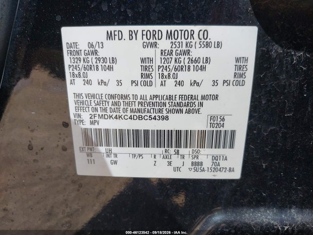 Продажа на аукционе авто 2013 Ford Edge Limited, vin: 2FMDK4KC4DBC54398, номер лота: 46123542