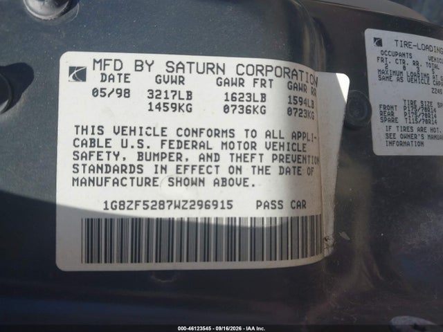 Продаж на аукціоні авто 1998 Saturn Sl, vin: 1G8ZF5287WZ296915, номер лоту: 46123545