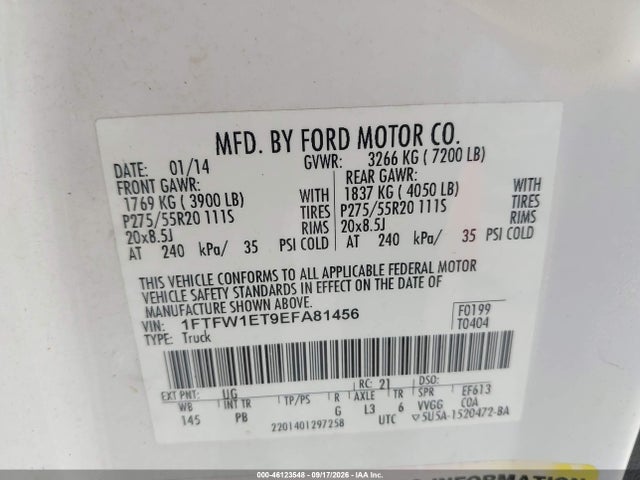 2014 Ford F-150 Platinum მანქანა იყიდება აუქციონზე, vin: 1FTFW1ET9EFA81456, აუქციონის ნომერი: 46123548