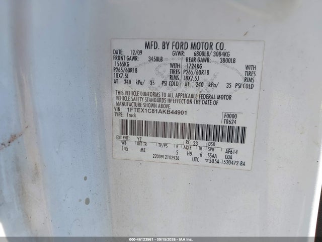 2010 Ford F-150 Fx2 Sport/stx/xl/xlt მანქანა იყიდება აუქციონზე, vin: 1FTEX1C81AKB44901, აუქციონის ნომერი: 46123561