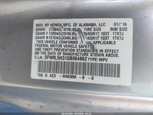 Продаж на аукціоні авто 2016 Honda Odyssey Se, vin: 5FNRL5H31GB064862, номер лоту: 46123564