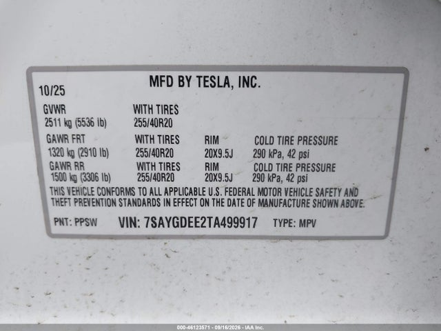 Продаж на аукціоні авто 2026 Tesla Model Y All-wheel Drive/long Range Launch Series/premium All-wheel Drive, vin: 7SAYGDEE2TA499917, номер лоту: 46123571