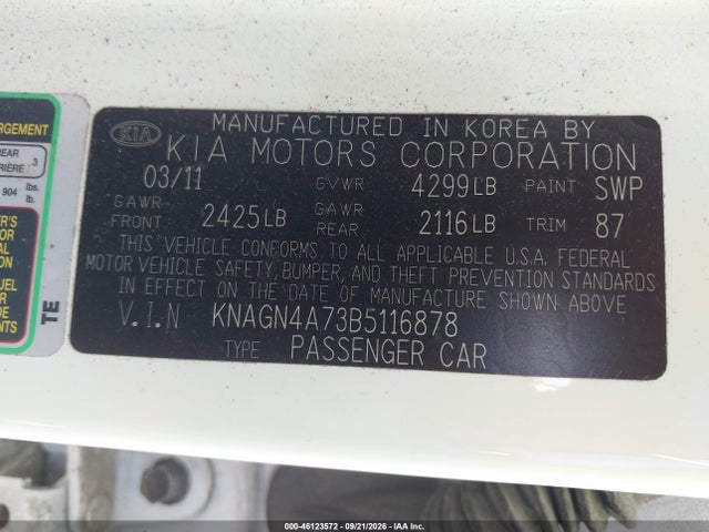 Aukcja sprzedaży 2011 Kia Optima Ex, vin: KNAGN4A73B5116878, numer aukcji: 46123572