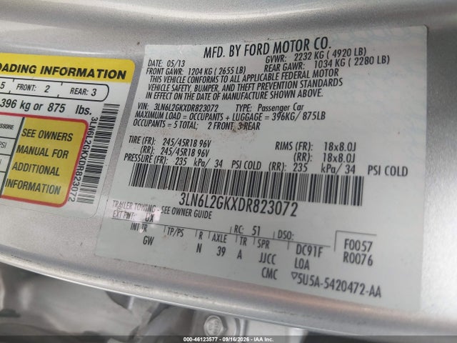 46123577 :رقم المزاد ، 3LN6L2GKXDR823072 vin ، 2013 Lincoln Mkz مزاد بيع