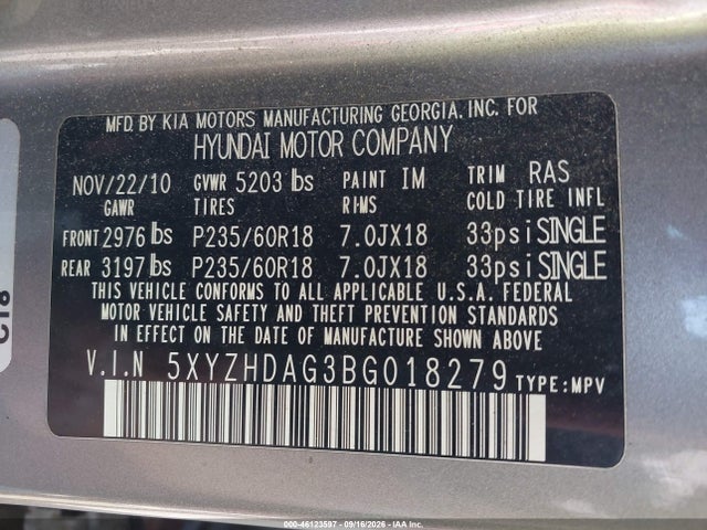 46123597 :رقم المزاد ، 5XYZHDAG3BG018279 vin ، 2011 Hyundai Santa Fe Se مزاد بيع