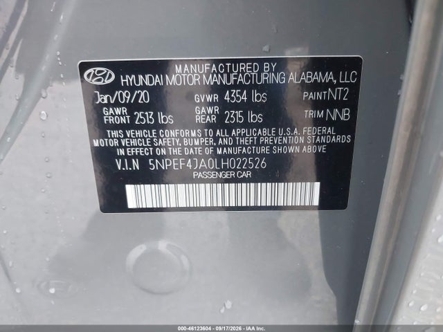 2020 Hyundai Sonata Sel მანქანა იყიდება აუქციონზე, vin: 5NPEF4JA0LH022526, აუქციონის ნომერი: 46123604