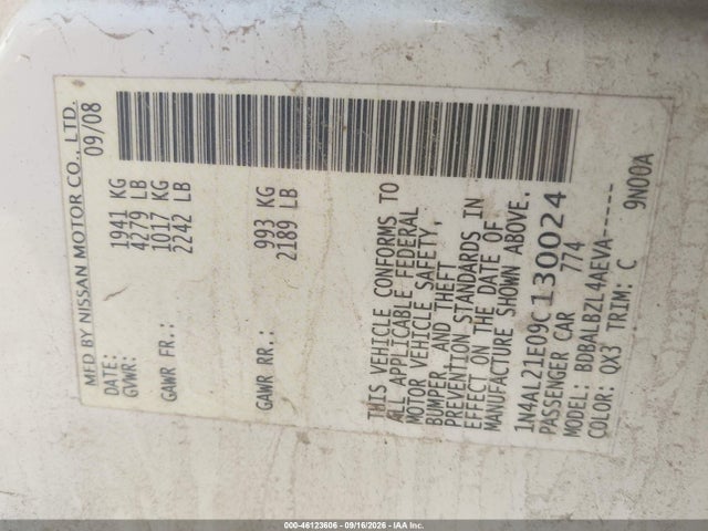 Auction sale of the 2009 Nissan Altima 2.5 S, vin: 1N4AL21E09C130024, lot number: 46123606