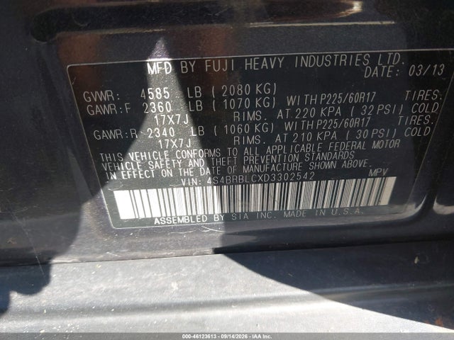 46123613 :رقم المزاد ، 4S4BRBLCXD3302542 vin ، 2013 Subaru Outback 2.5i Limited مزاد بيع