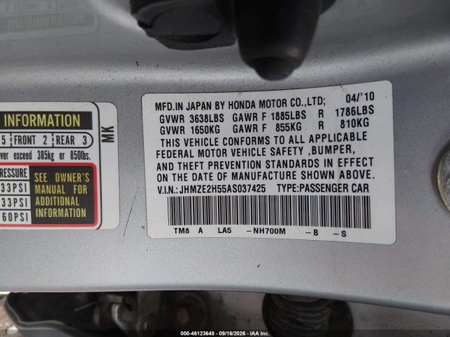 46123648 :رقم المزاد ، JHMZE2H55AS037425 vin ، 2010 Honda Insight Lx مزاد بيع