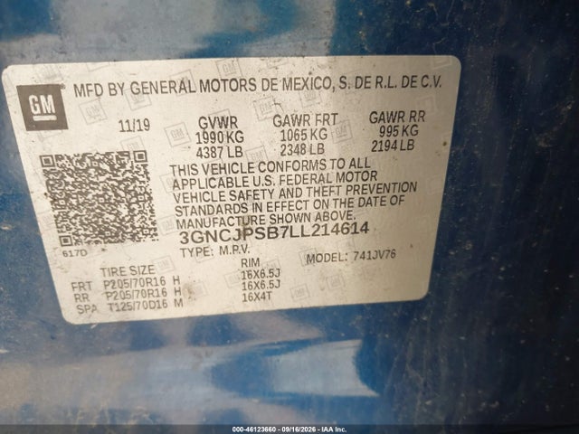 46123660 :رقم المزاد ، 3GNCJPSB7LL214614 vin ، 2020 Chevrolet Trax Awd Lt مزاد بيع