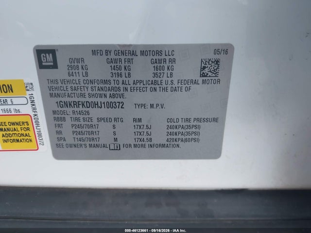 Aukcja sprzedaży 2017 Chevrolet Traverse Ls, vin: 1GNKRFKD0HJ100372, numer aukcji: 46123661
