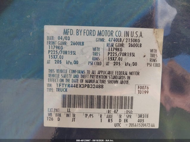 Продажа на аукционе авто 2003 Ford Ranger Xlt, vin: 1FTYR44EX3PB32488, номер лота: 46123667