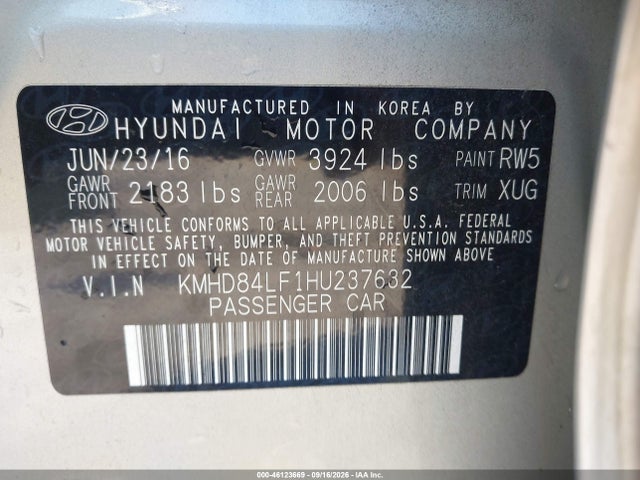 46123669 :رقم المزاد ، KMHD84LF1HU237632 vin ، 2017 Hyundai Elantra Value Edition مزاد بيع