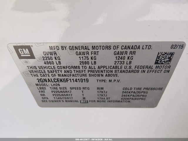 Продажа на аукционе авто 2015 Chevrolet Equinox 2lt, vin: 2GNALCEK6F1141019, номер лота: 46123677
