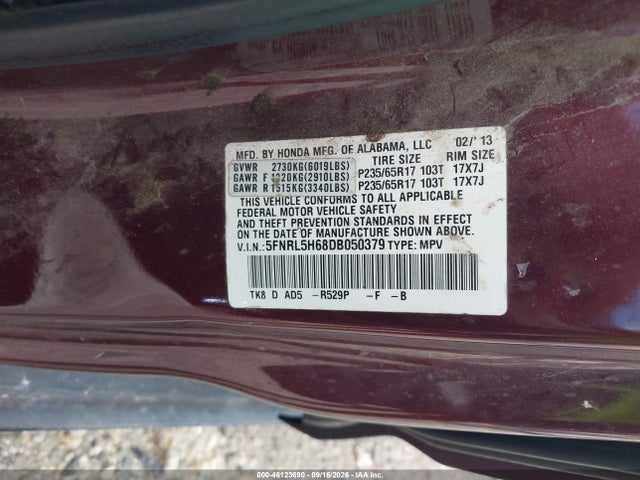 2013 Honda Odyssey Ex-l მანქანა იყიდება აუქციონზე, vin: 5FNRL5H68DB050379, აუქციონის ნომერი: 46123690