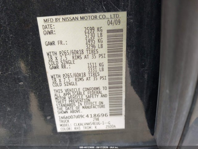 46123698 :رقم المزاد ، 1N6AD07U09C418696 vin ، 2009 Nissan Frontier Le مزاد بيع