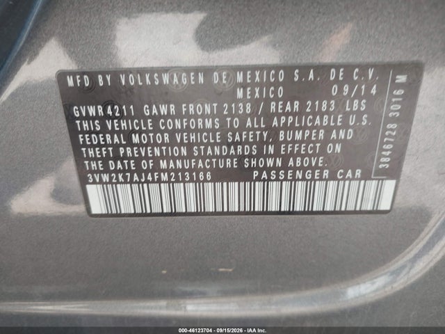 46123704 :رقم المزاد ، 3VW2K7AJ4FM213166 vin ، 2015 Volkswagen Jetta 2.0l S مزاد بيع