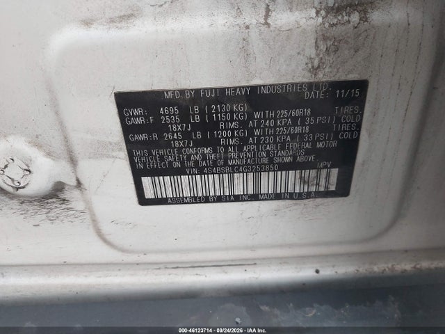 46123714 :رقم المزاد ، 4S4BSBLC4G3253850 vin ، 2016 Subaru Outback 2.5i Limited مزاد بيع
