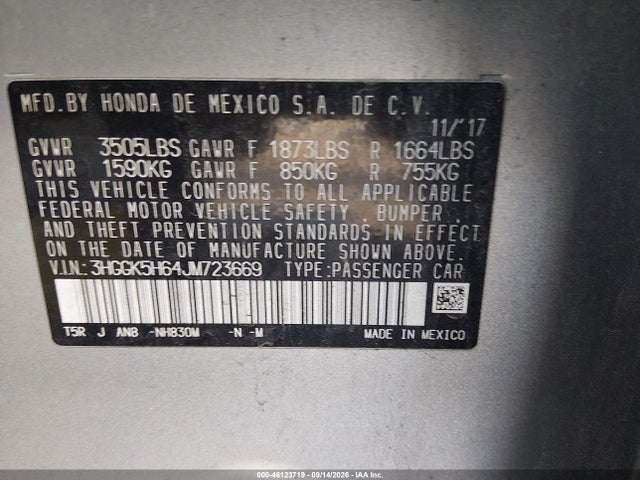 Продаж на аукціоні авто 2018 Honda Fit Sport, vin: 3HGGK5H64JM723669, номер лоту: 46123719