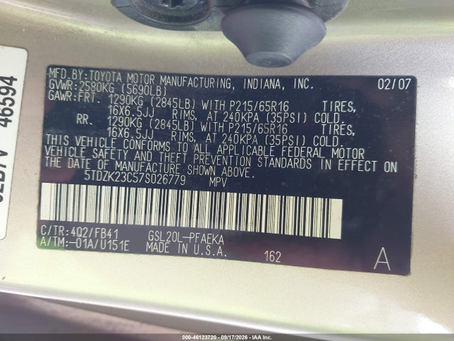46123720 :رقم المزاد ، 5TDZK23C57S026779 vin ، 2007 Toyota Sienna Ce مزاد بيع