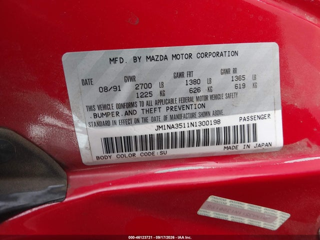 46123721 :رقم المزاد ، JM1NA3511N1300198 vin ، 1992 Mazda Mx-5 Miata مزاد بيع
