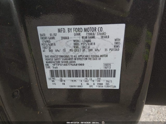 Aukcja sprzedaży 2007 Ford F-150 Fx4/lariat/xl/xlt, vin: 1FTPX14577NA41969, numer aukcji: 46123724
