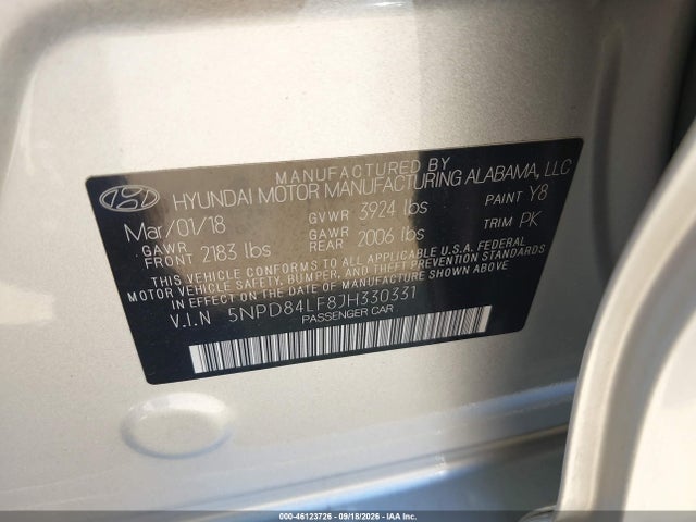 46123726 :رقم المزاد ، 5NPD84LF8JH330331 vin ، 2018 Hyundai Elantra Sel مزاد بيع