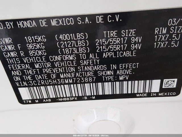 46123728 :رقم المزاد ، 3CZRU5H36MM723887 vin ، 2021 Honda Hr-v 2wd Lx مزاد بيع