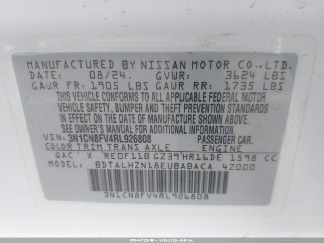 2024 Nissan Versa 1.6 Sr მანქანა იყიდება აუქციონზე, vin: 3N1CN8FV4RL926808, აუქციონის ნომერი: 46123740