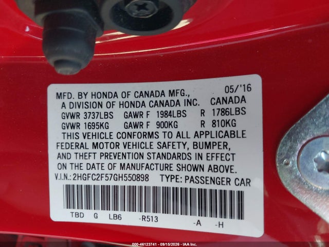 Aukcja sprzedaży 2016 Honda Civic Lx, vin: 2HGFC2F57GH550898, numer aukcji: 46123741